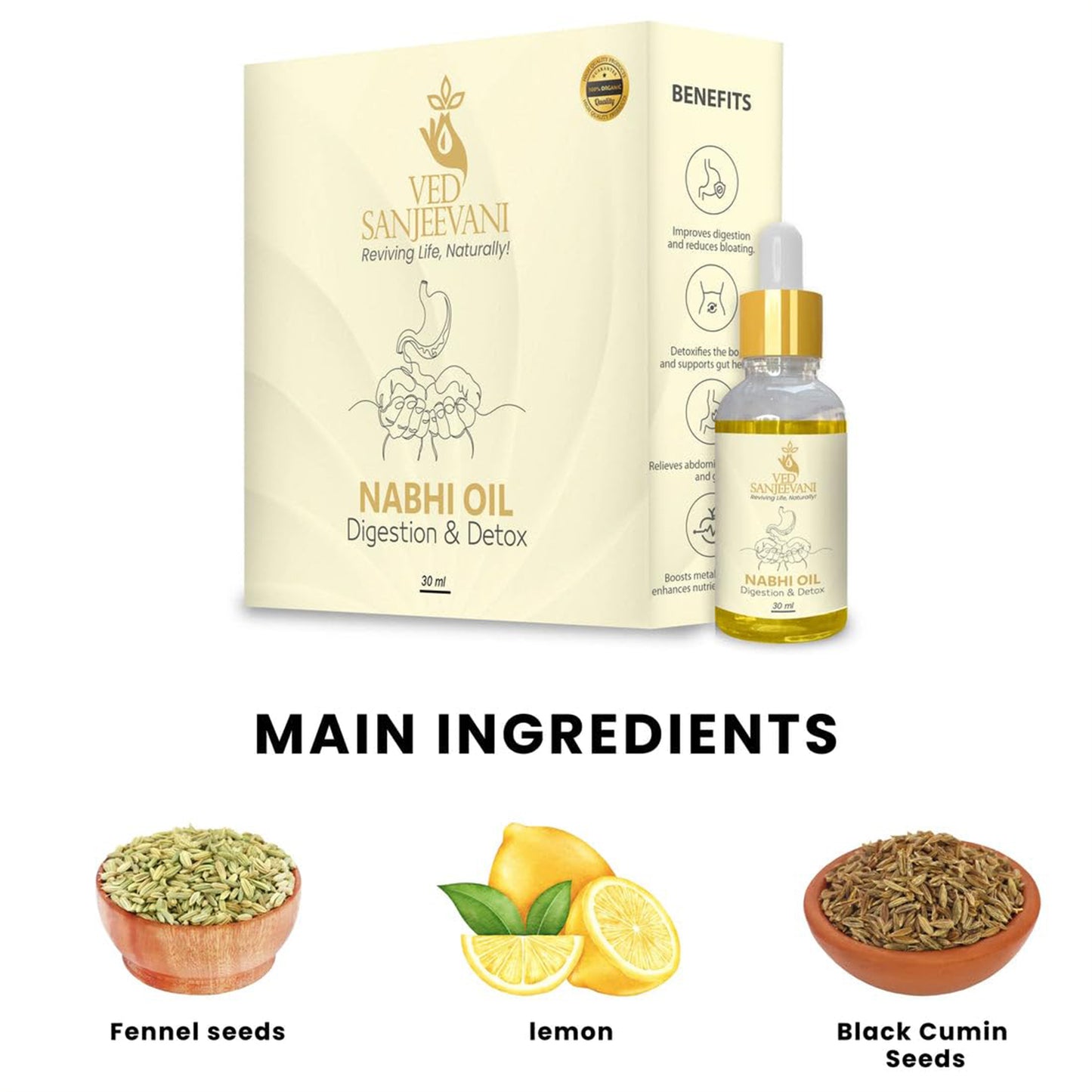 Wukusy Ved Sanjeevani Ayurvedic Nabhi Oil for digestion and detox in a 30ml bottle, shown with the bottle and label.