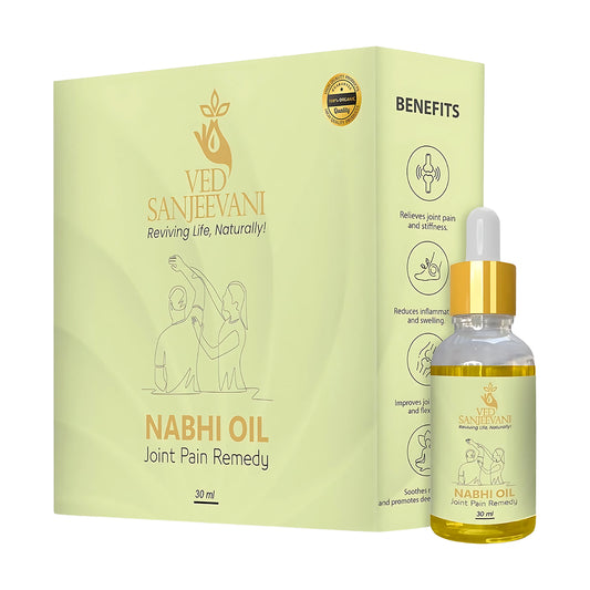 Wukusy Ved Sanjeevani Nabhi Oil for joint pain relief in a 30ml bottle, featuring a dropper cap and herbal label.