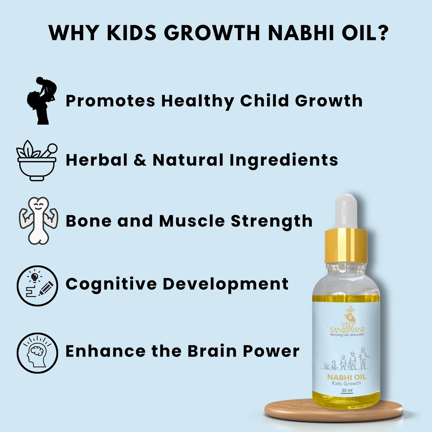 Wukusy Ved Sanjeevani Nabhi Oil for Kids Growth in 30ml bottle, health care product for supporting children's growth and development.