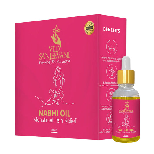 Wukusy Ved Sanjeevani Nabhi Oil for menstrual pain relief, 30ml bottle, health care product designed to ease menstrual discomfort.