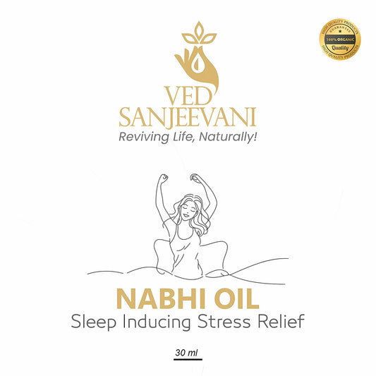 Wukusy Ved Sanjeevani Nabhi Oil for sleep and stress relief, 30ml bottle, health care product showing the oil bottle and packaging.