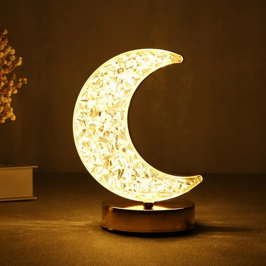 Wukusy crystal moon-shaped touch control table lamp with 3 color options, metal base, stepless dimming, USB charging, perfect for kids' bedrooms.