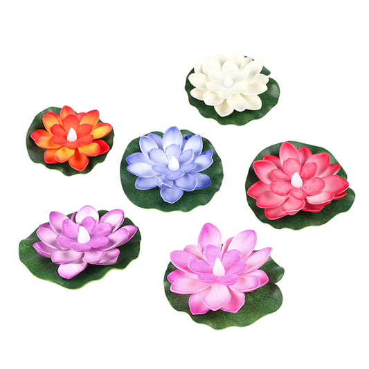 Set of 6 Wukusy water-floating smokeless candles with lotus flower design, sensor LED tealights for indoor and outdoor home decor.