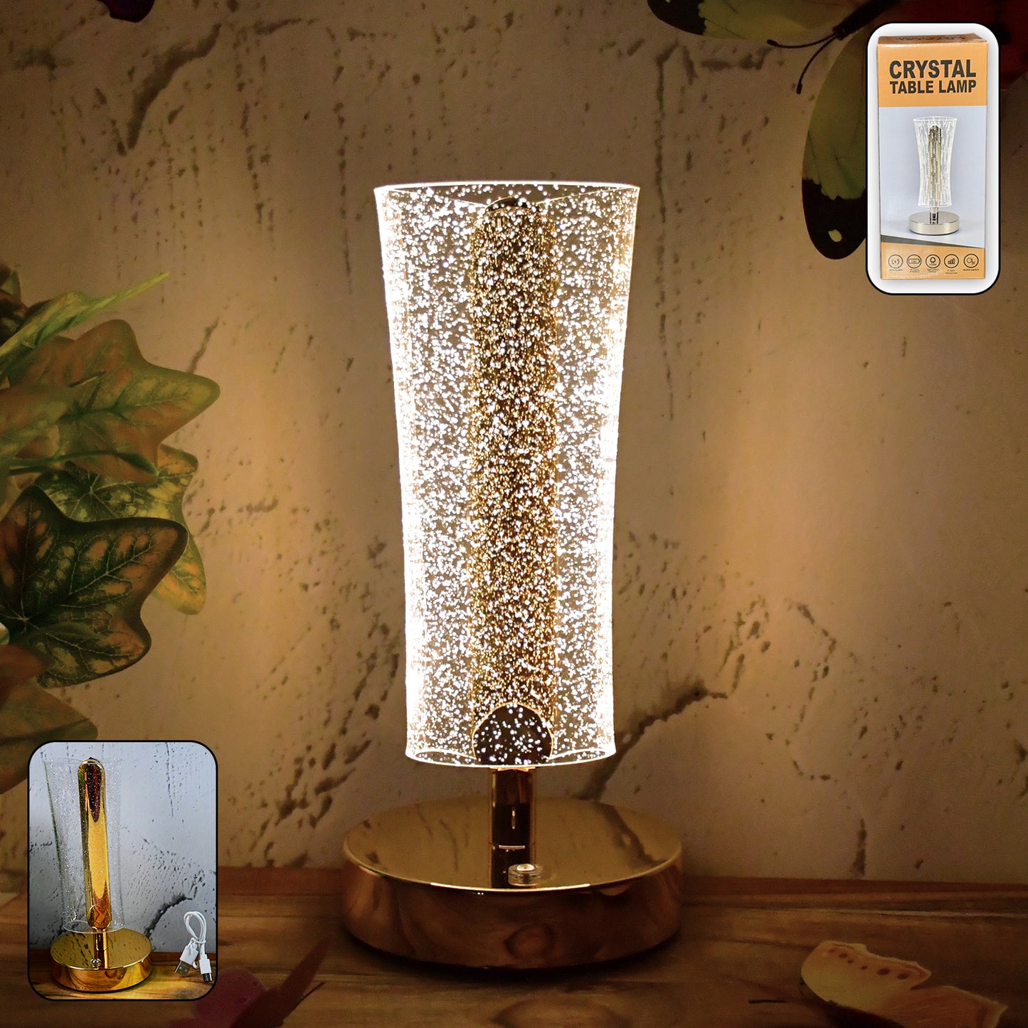 Wukusy crystal table lamp with sparkle design, golden base, LED lighting, ideal for decorative bedside or home decor.
