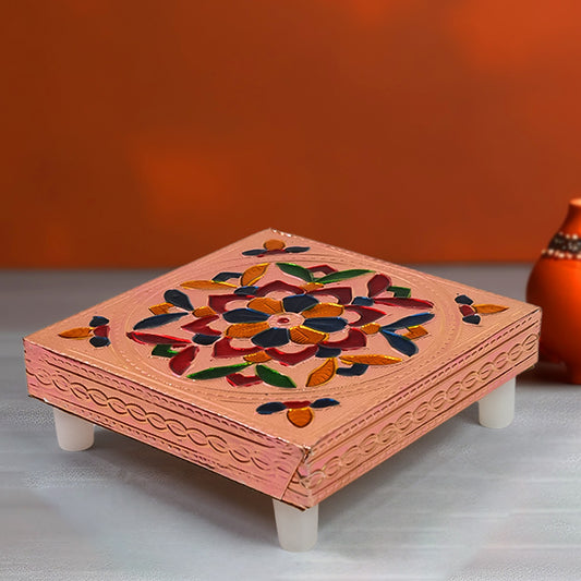 Colorful Meenakari wooden chowki puja bajot for home and office decor, handcrafted by Wukusy, perfect for puja and spiritual setups.