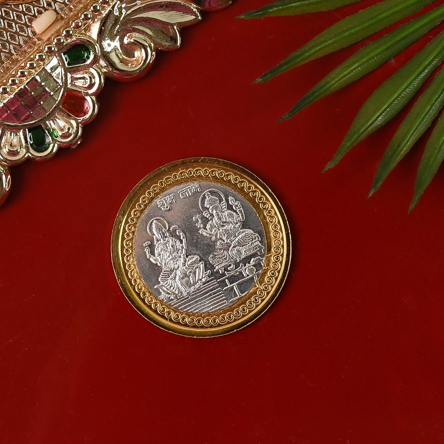 Dual-tone gold and silver religious coin featuring Lakshmi and Ganesh design, decorative home decor by Wukusy