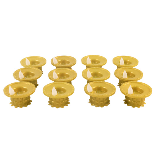 Set of 12 Wukusy water sensor LED golden diyas for home decor, showcasing illuminated, decorative diya lights with water sensor technology.