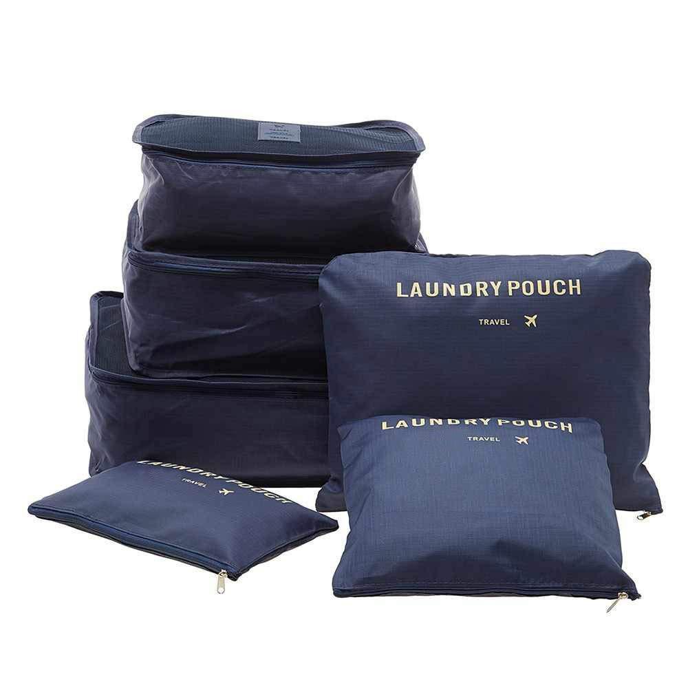 Set of six Wukusy cloth organizer pouches with zippers, ideal for laundry and home storage, shown in various sizes