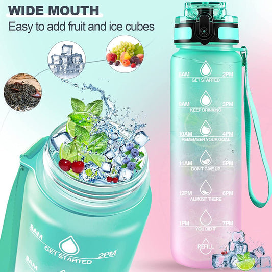 Wukusy motivational water bottle with straw, BPA-free Tritan, leakproof, portable design for sports, hiking, and camping activities.