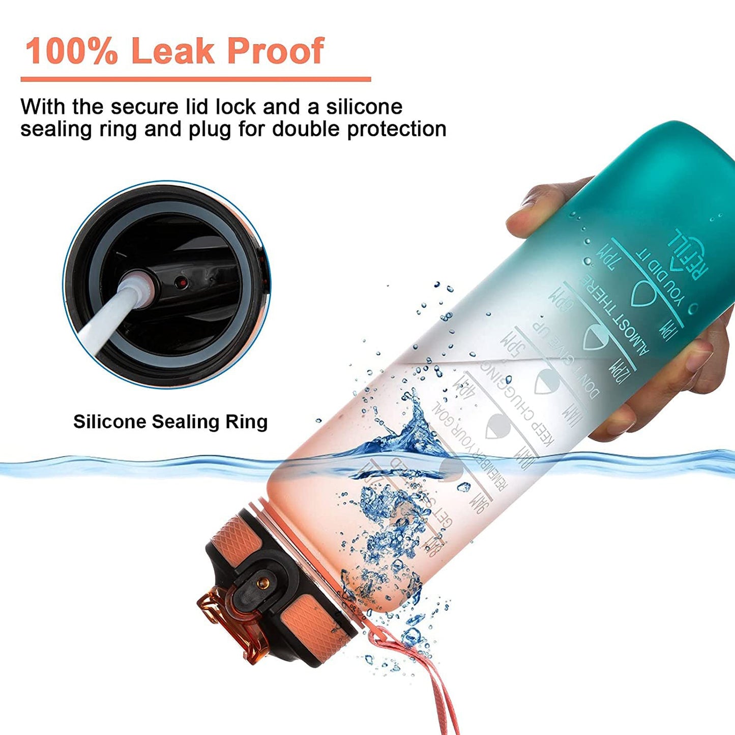 Wukusy motivational water bottle with straw, BPA-free Tritan, leakproof, portable design for sports, hiking, and camping activities.