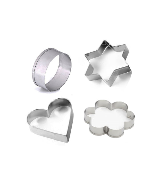 Set of four stainless steel Wukusy cookie cutters in heart, round, star, and flower shapes for baking.