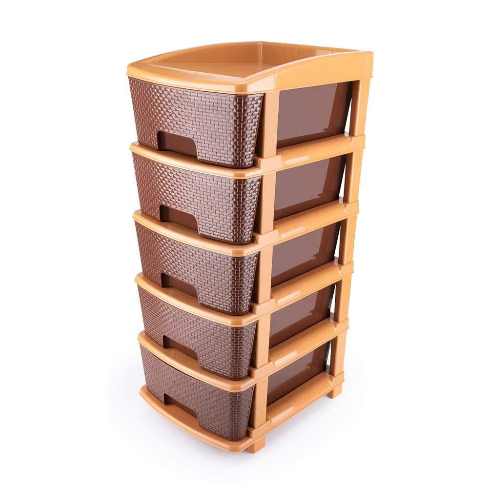 Wukusy 1151 5-tier plastic modular drawer system in brown, suitable for home organization and versatile storage solutions.