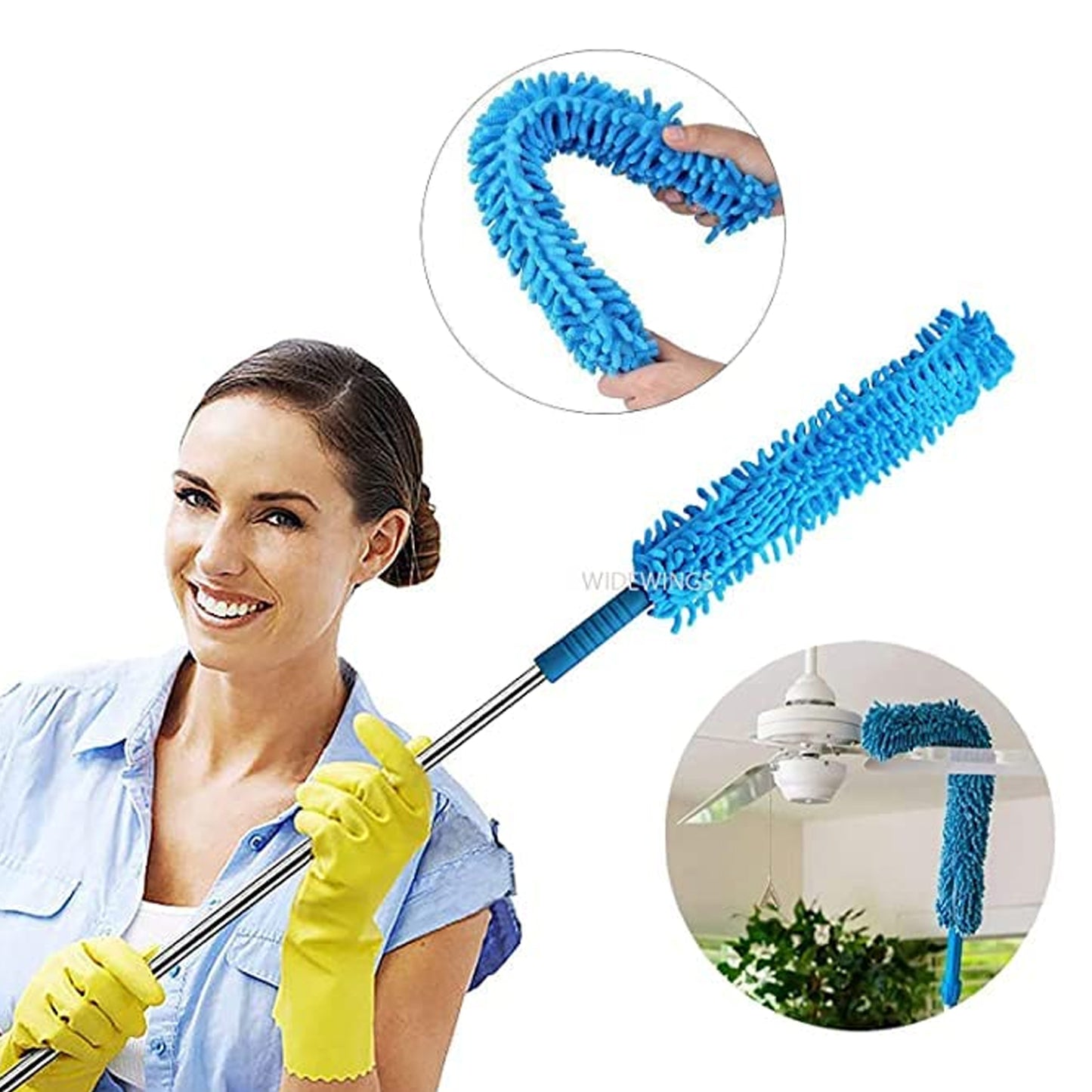 Wukusy long handle dust cleaning brush with adjustable microfiber head, foldable design for ceiling and home appliance cleaning.