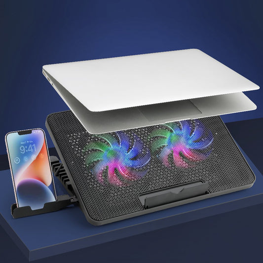 Wukusy laptop cooling pad with two quiet LED fans, dual USB ports, ultra-slim design, and adjustable height for gaming laptops.