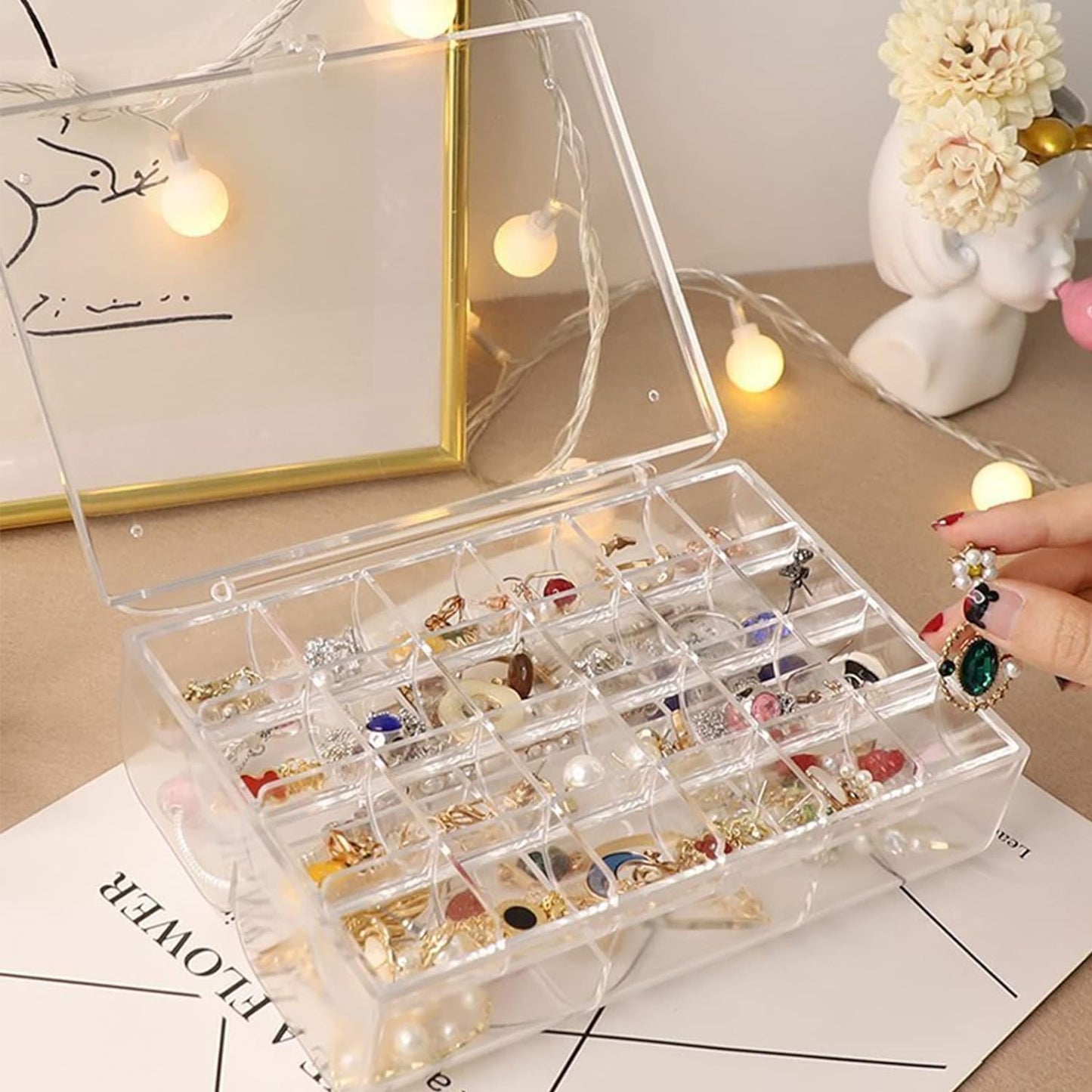 Wukusy 2-layer acrylic jewelry storage box with 30 compartments, dustproof earring and nail art organizer, portable home storage.