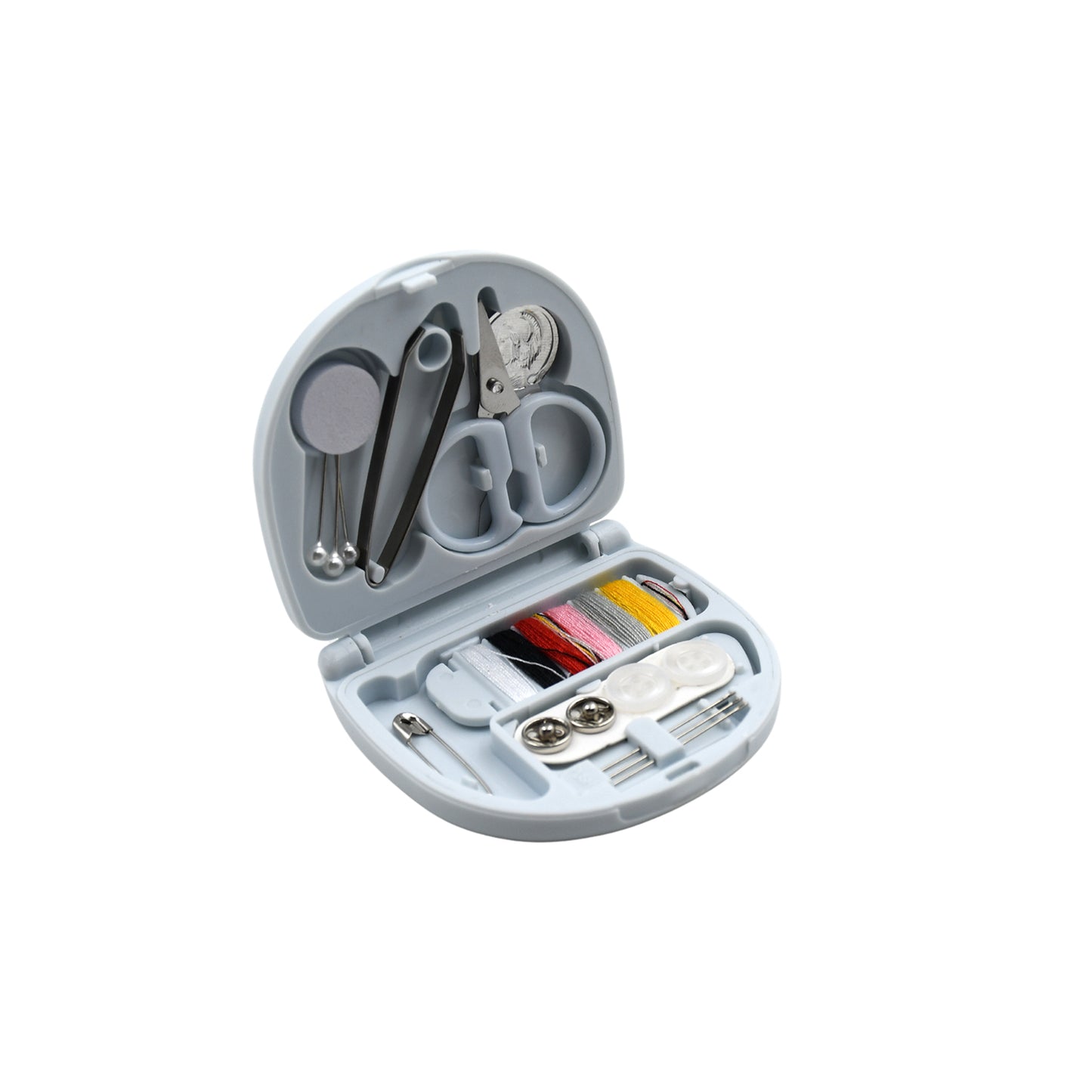 Wukusy 1290 Mini Travel Sewing Kit with threads, scissors, needles in a plastic box, ideal for DIY sewing and emergency repairs.