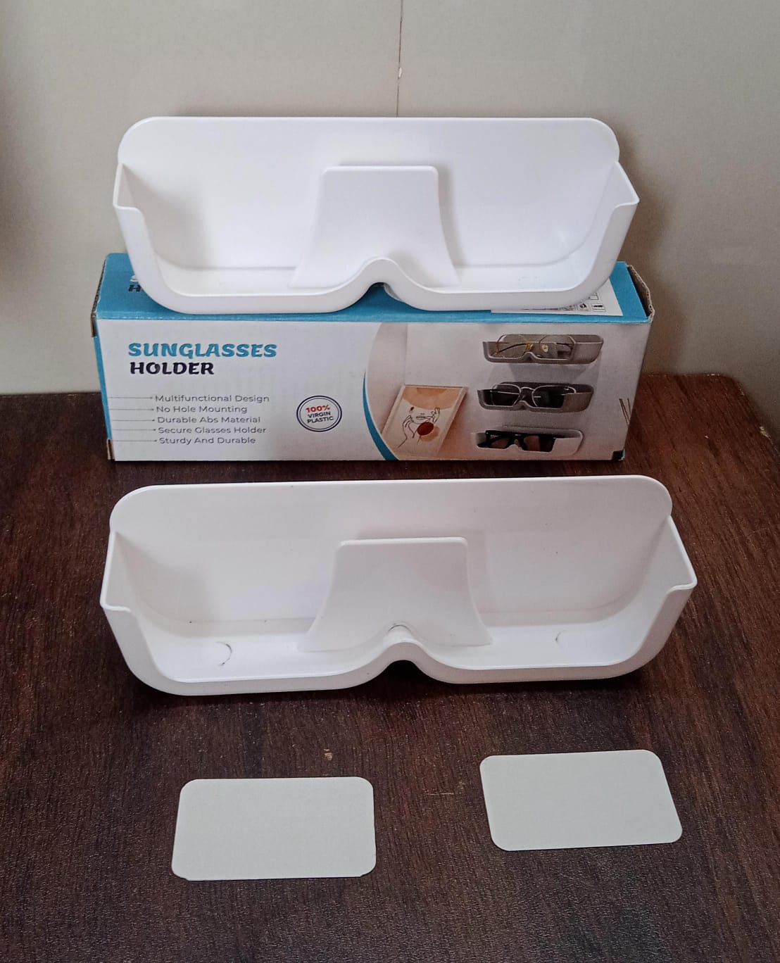 Wukusy wall-mount sunglass organizer with two storage boxes and double-sided adhesive stickers for bedroom or showcase display.