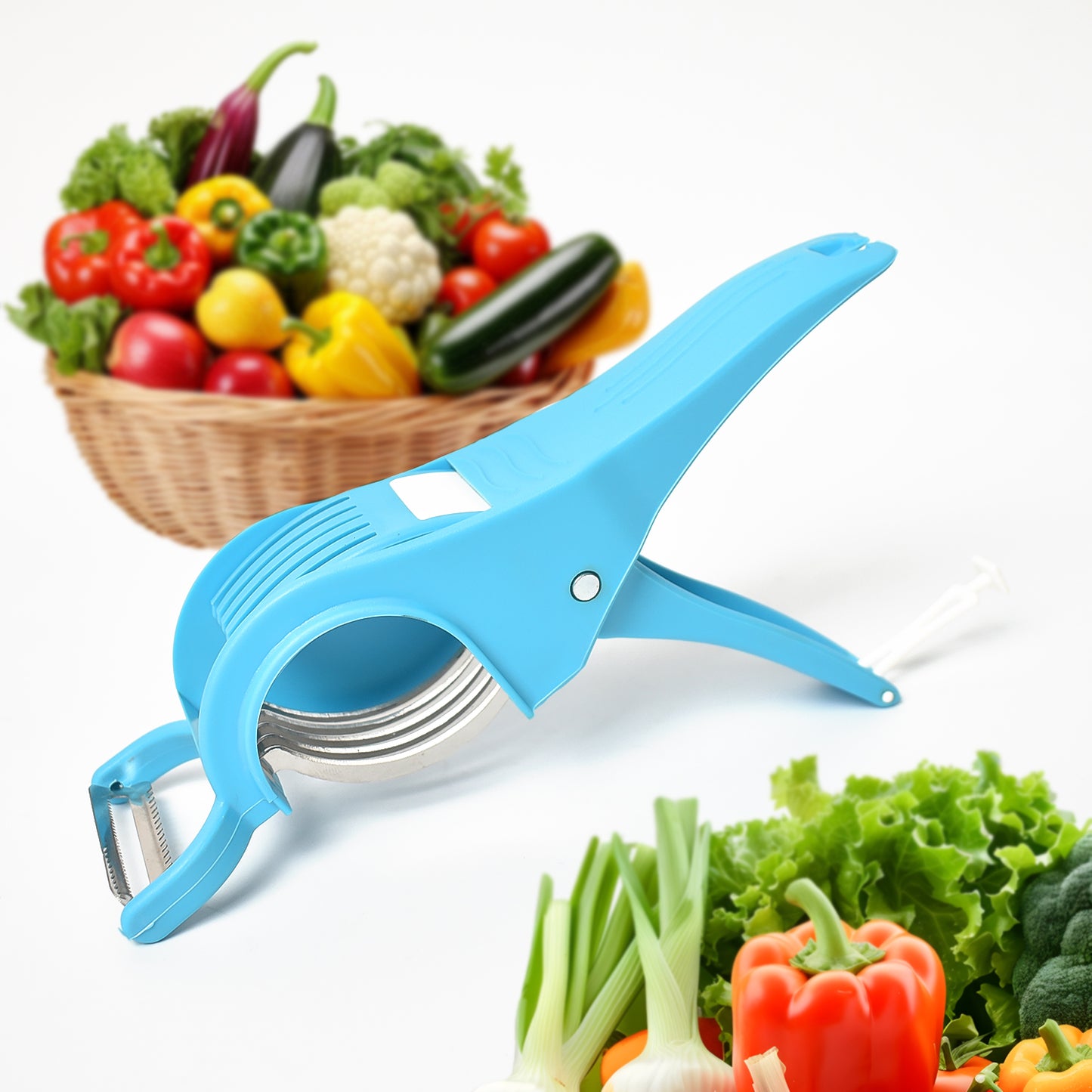 Wukusy 2-in-1 vegetable and fruit multi cutter with 5 blades and peeler, multicolor, for efficient kitchen prep.