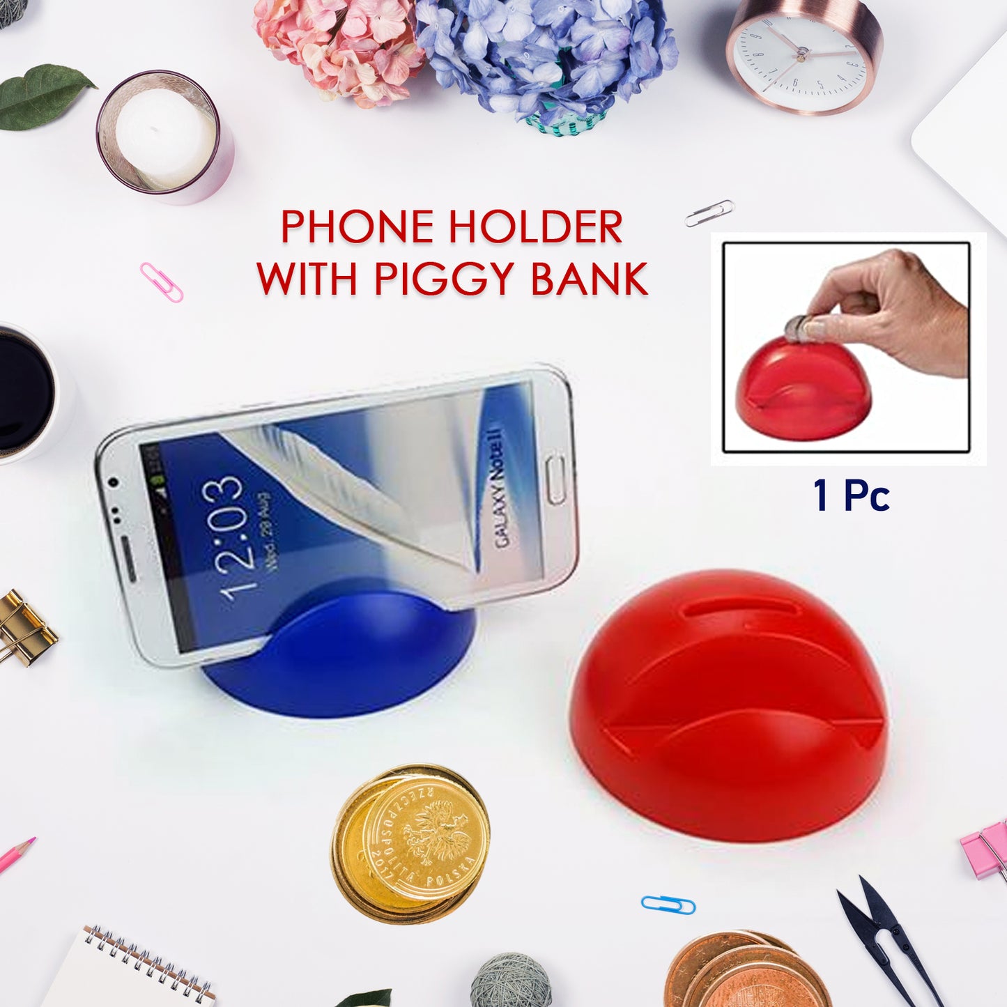 Wukusy 2-in-1 ABS plastic phone holder and stand with coin bank, compact home improvement accessory for phone display and savings.