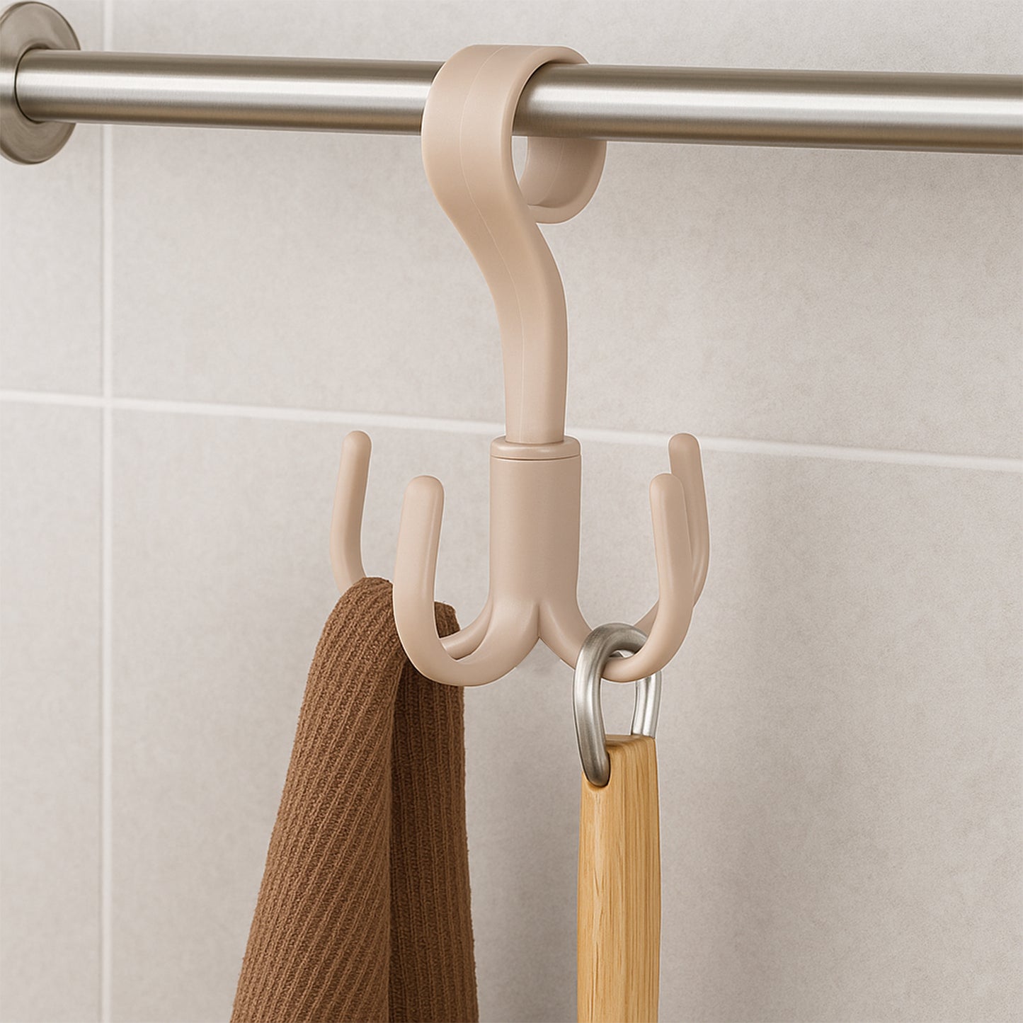 Wukusy 360° rotating multipurpose hook hanger for home organization, shown hanging on a wall for versatile storage.