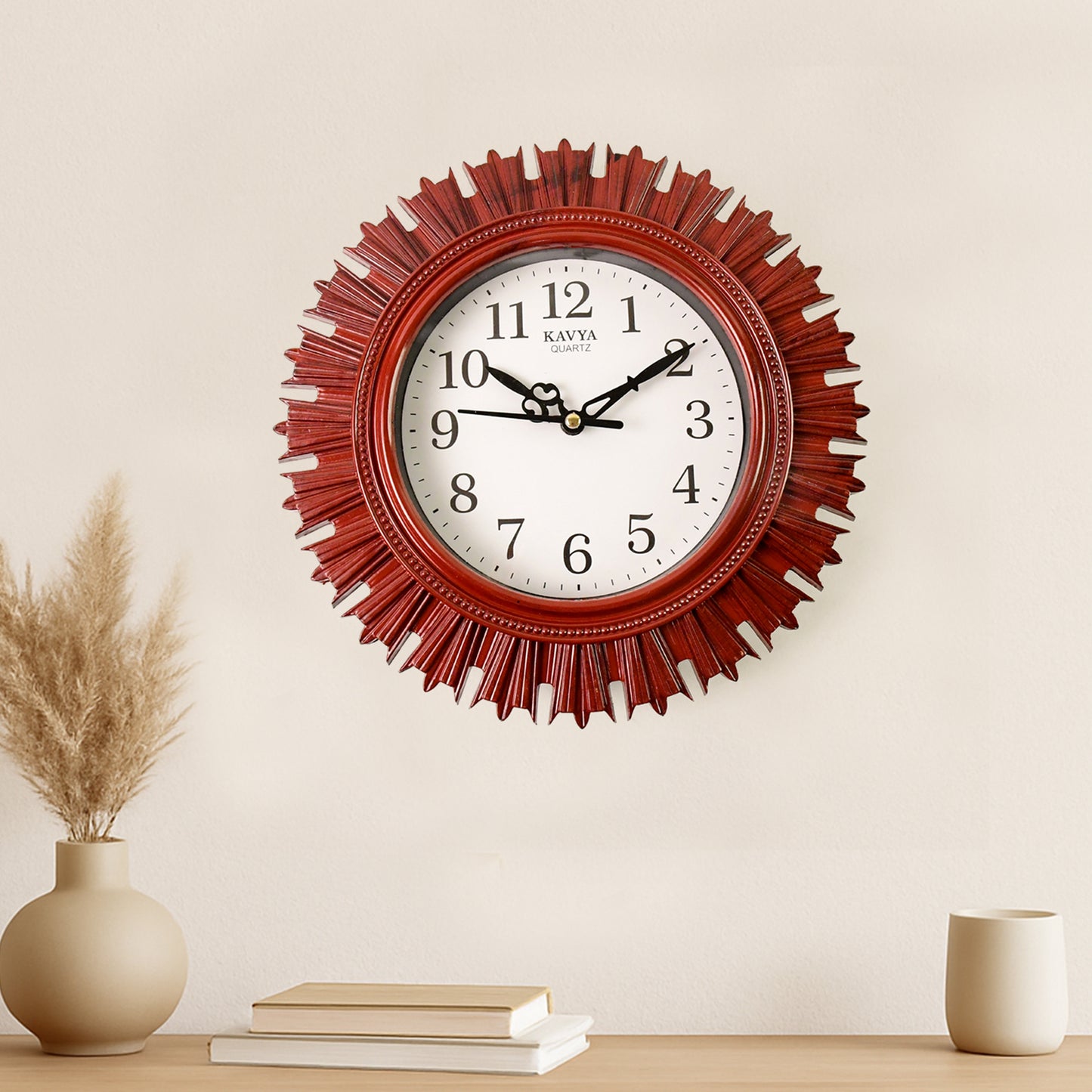 Wukusy wooden look designer wall clock with round plastic frame, easy-to-read face, battery operated for home, kitchen, or office use.