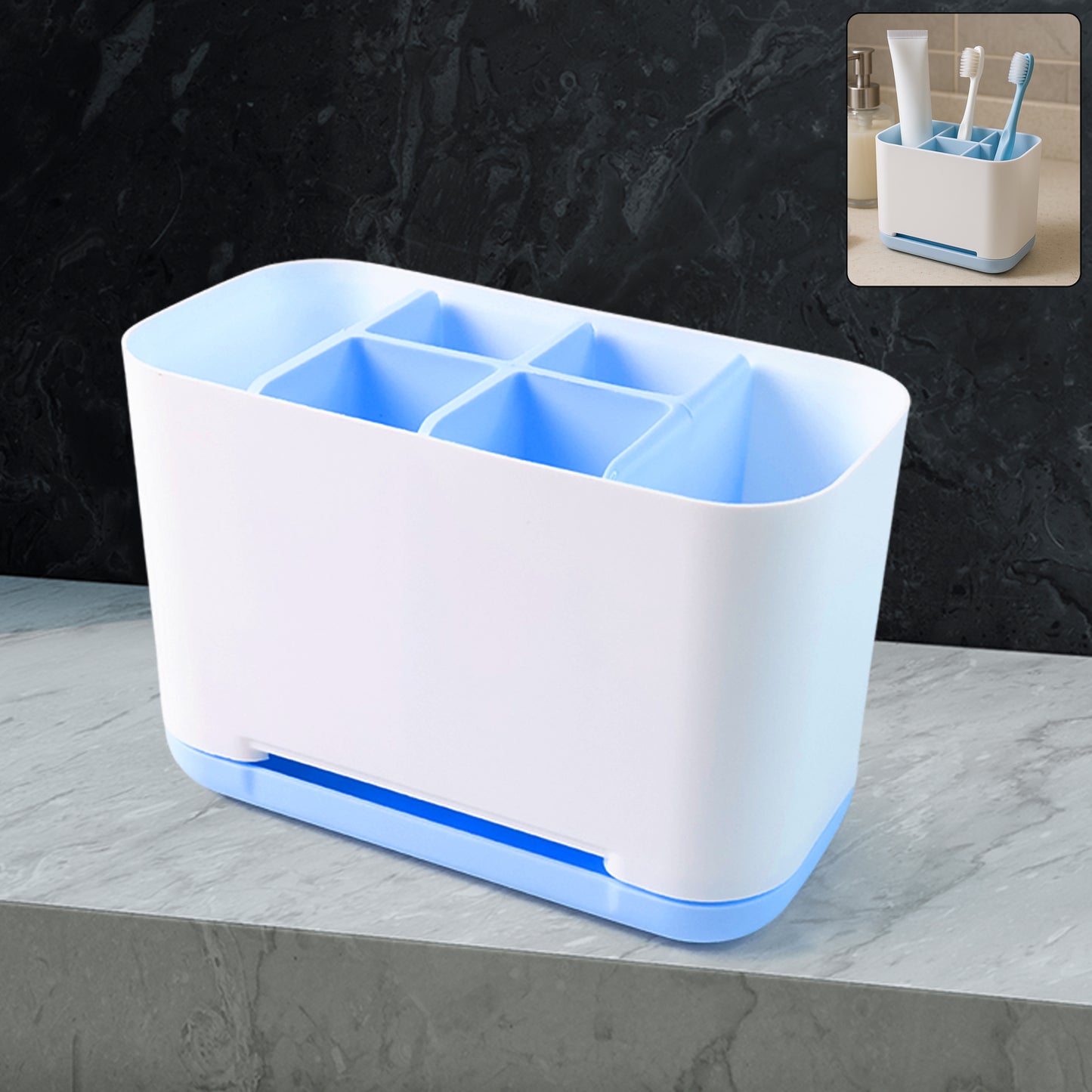 Wukusy 6-compartment plastic toothbrush holder and organizer stand for bathroom storage, featuring multiple sections for organization.