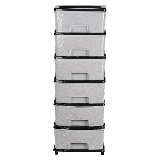 Wukusy 6-layer heavy-duty plastic drawer organizer cabinet with stone textured drawers for home organization and storage.