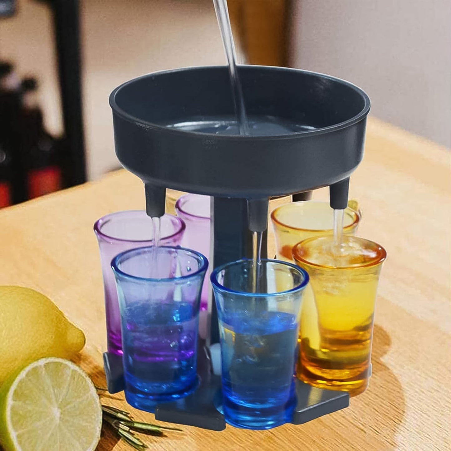 Wukusy 6-port drink dispenser stand for home improvement, holding multiple beverage containers on a sturdy metal frame.
