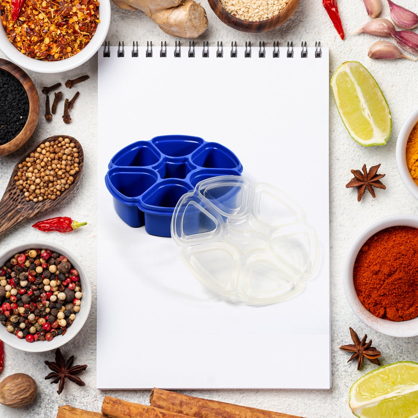Wukusy 7185 plastic 7-section spice box for kitchen, multipurpose masala container with unique design and multiple compartments.