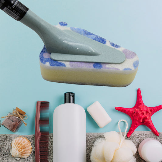 Wukusy universal triangular kitchen sponge and bathroom brush with long handle for cleaning kitchen, bathroom, and dining areas.