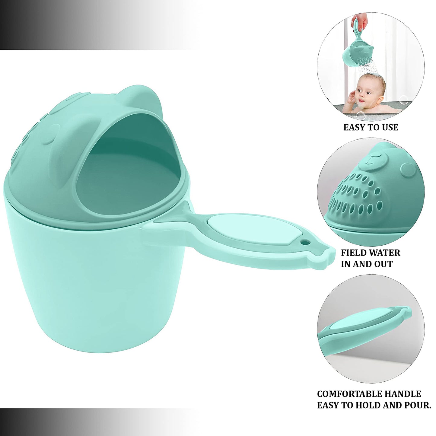 Wukusy baby shampoo shower cup for gentle water bathing, soft plastic baby bath tumbler with handle for hair washing and rinsing.