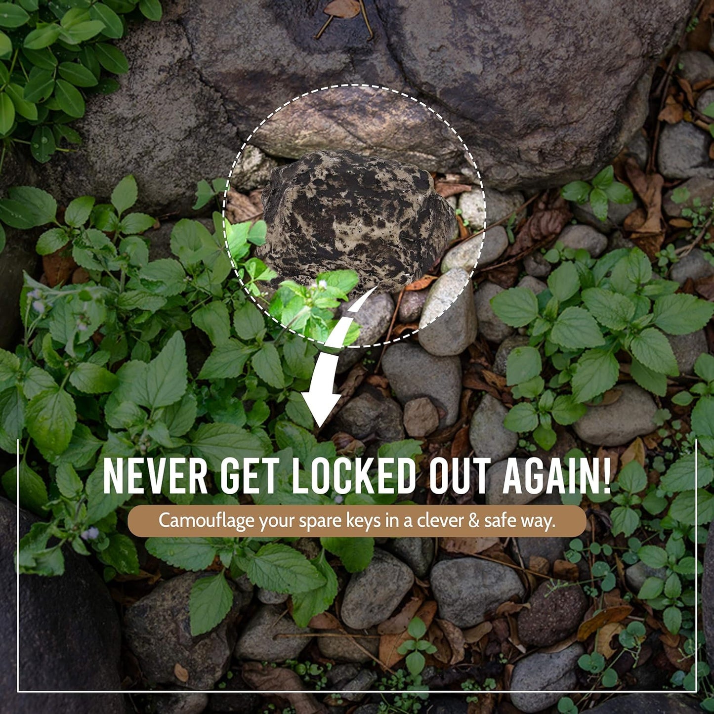 Wukusy weatherproof fake rock key hider that looks like a real outdoor rock, perfect for hiding emergency keys outside.