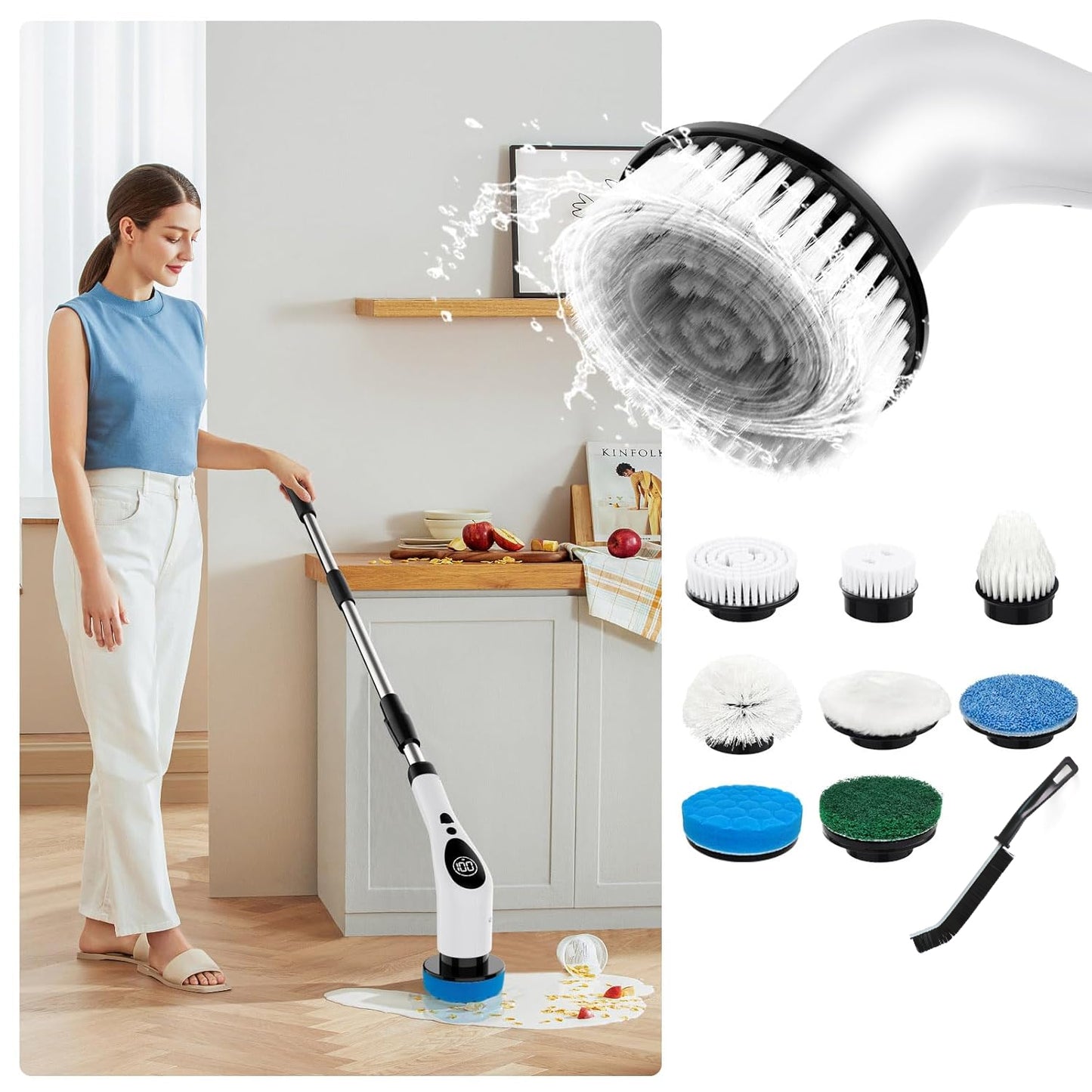 Wukusy 9-in-1 electric spin scrubber for deep cleaning of bathroom and kitchen surfaces, with multiple brush attachments.
