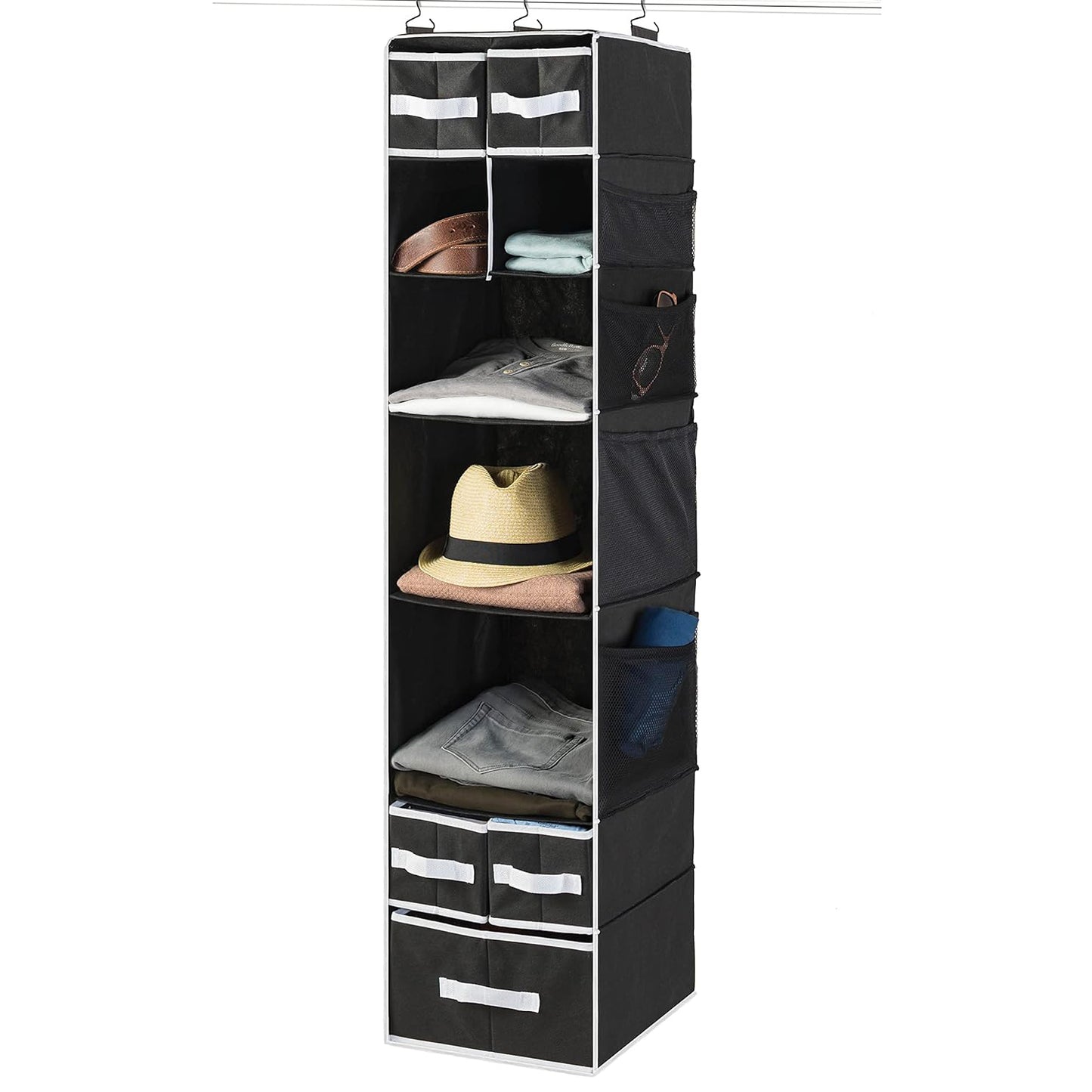 Wukusy 9-shelf hanging closet organizer with five drawers, ideal for home storage and organization in bedroom closets.