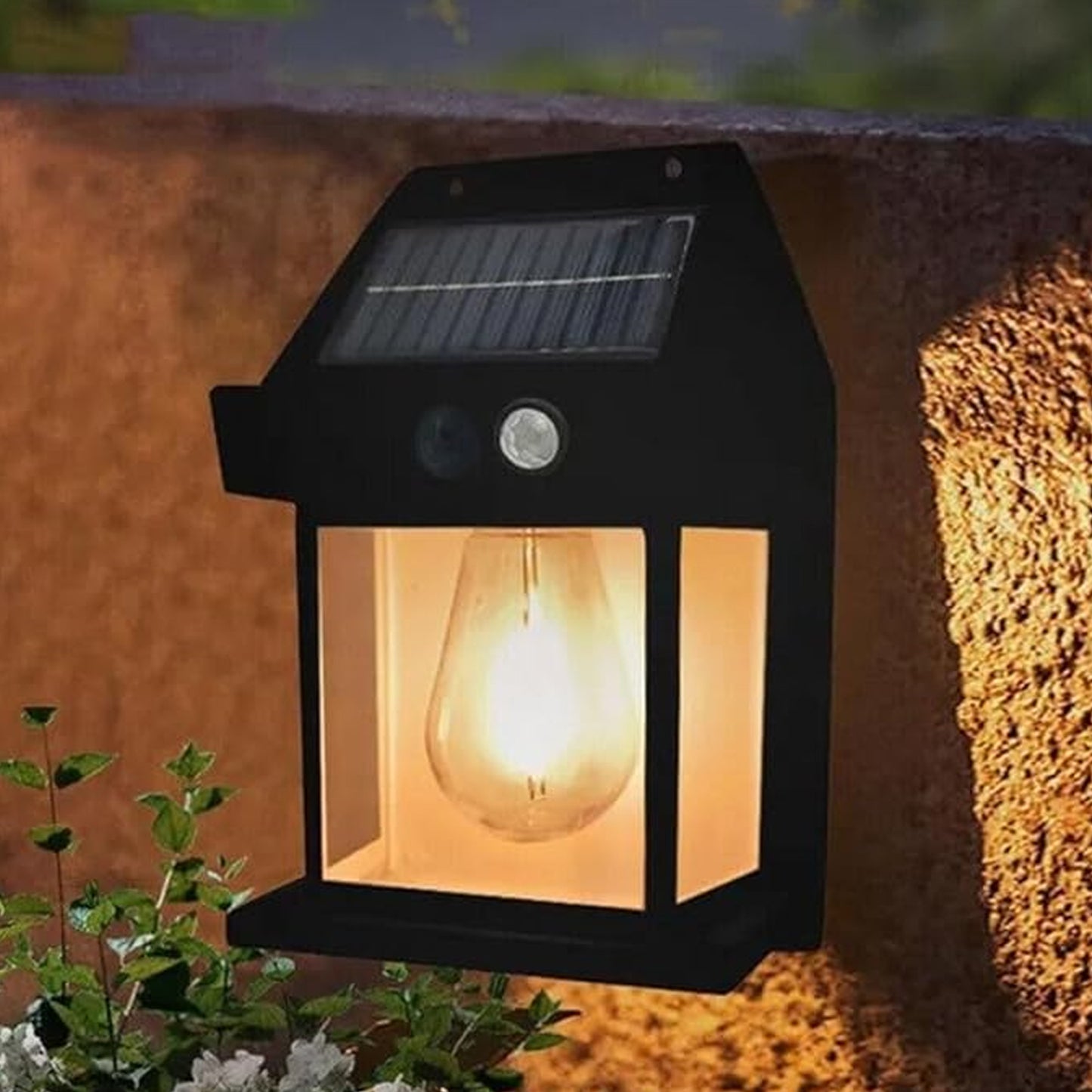Wukusy solar wall light with clear panel, wireless outdoor lantern featuring dusk-to-dawn, motion sensor, waterproof design, three modes.