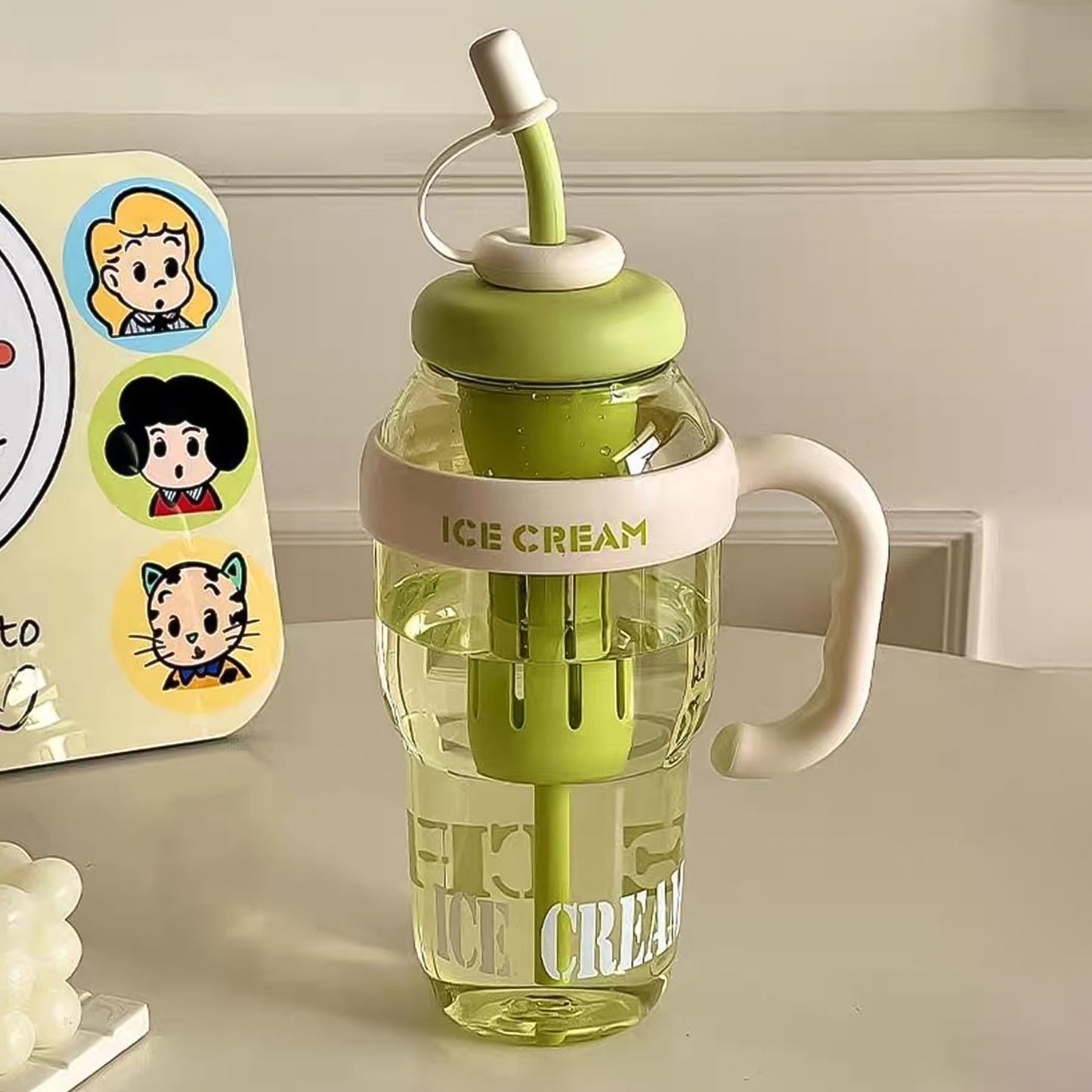 Wukusy 1300ml large capacity ice cream-themed water bottle with handle, straw, fruit infuser, and leakproof sipper for kids and adults