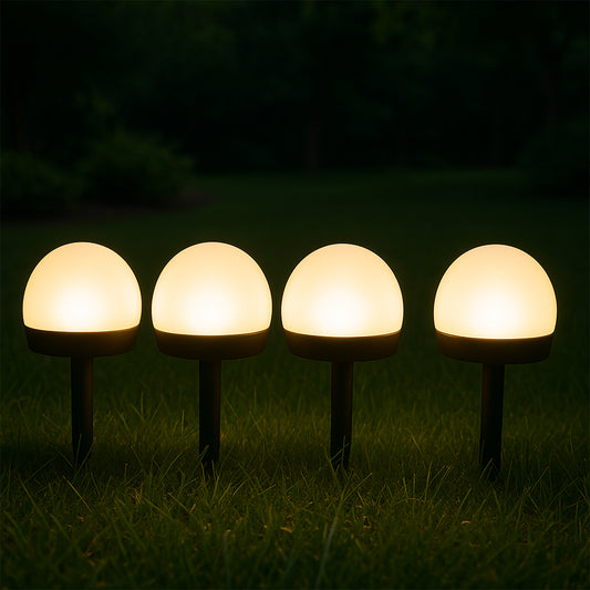 Wukusy Dome Solar Garden Light Set with four outdoor lights, ideal for garden decoration and energy-efficient home improvement.