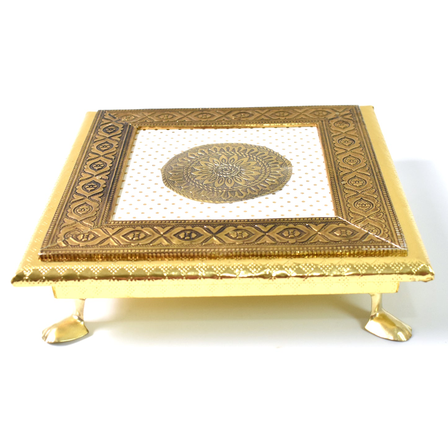 Golden square Pooja Chowki Patla Bajot from Wukusy, 2020 cm, for home improvement, shown in a well-lit indoor setting.