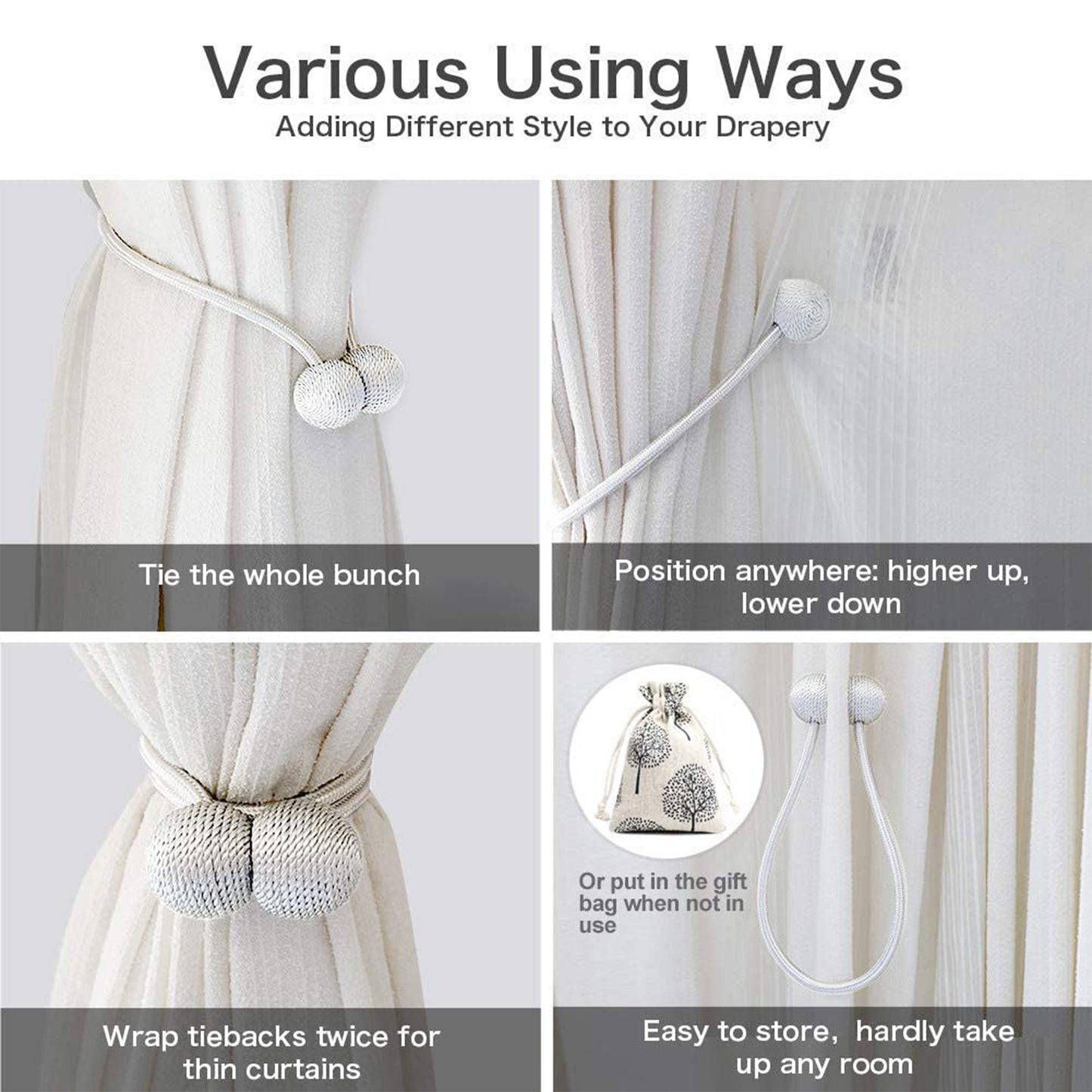 Wukusy magnetic curtain tiebacks set of two, stylish home improvement accessory for holding curtains open with magnetic clasp.