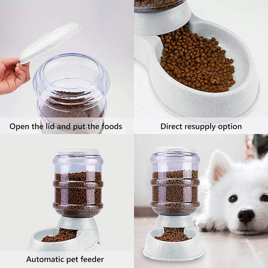 Wukusy pet feeder food dispenser for dogs and cats, automatic gravity dry food storage bottle for home pet feeding.