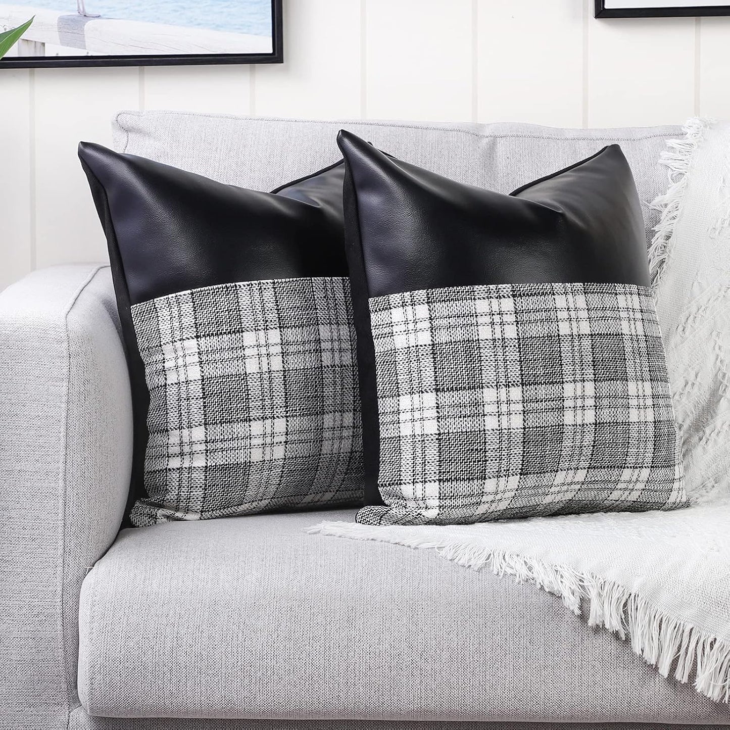 Pair of Wukusy soft leather and cotton pillow covers, 23x22 inches, for home decor, featuring a modern cushion case design.