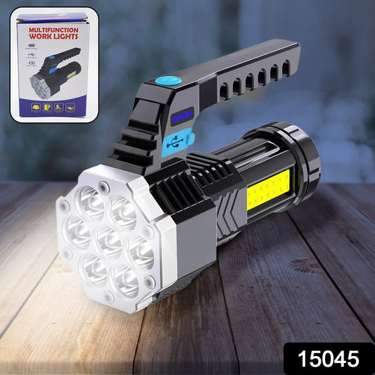 Wukusy portable COB LED flashlight with 7 LEDs, USB rechargeable hand torch with side light for home improvement tasks.