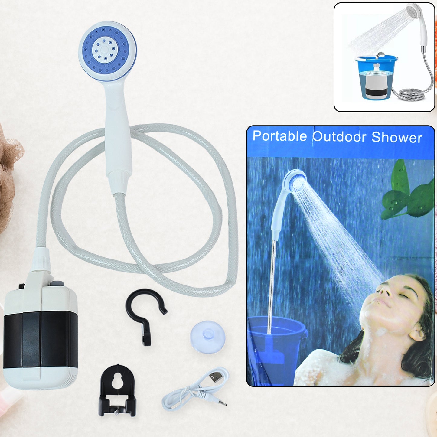 Portable outdoor shower kit by Wukusy, featuring a compact setup with shower head, hose, and accessories for easy outdoor use.