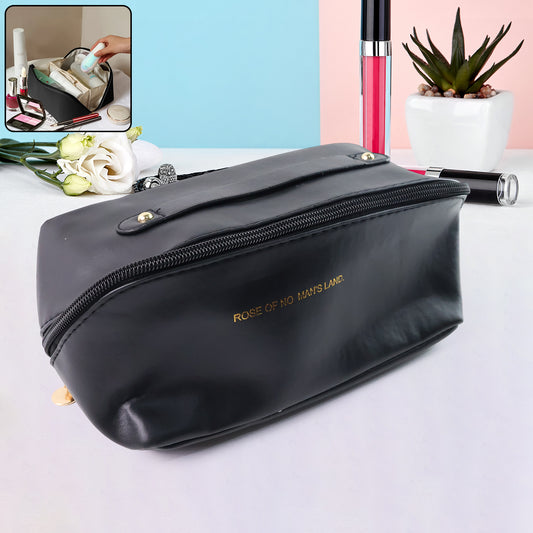 Wukusy black travel makeup and toiletry organizer pouch with zipper and handle, ideal for home and travel storage.