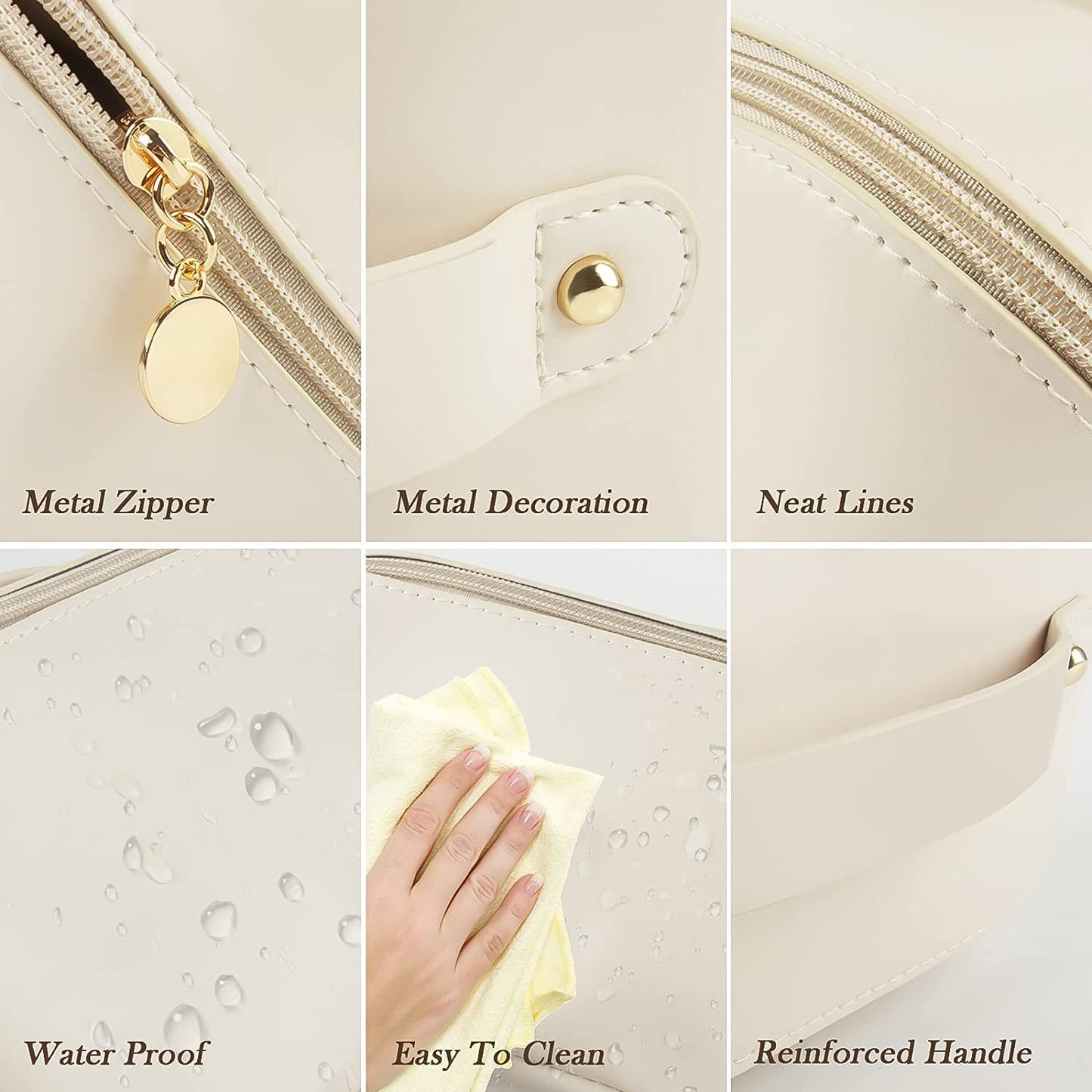 Wukusy premium cream travel makeup and toiletry organizer pouch with zipper and handle, ideal for home and travel storage.