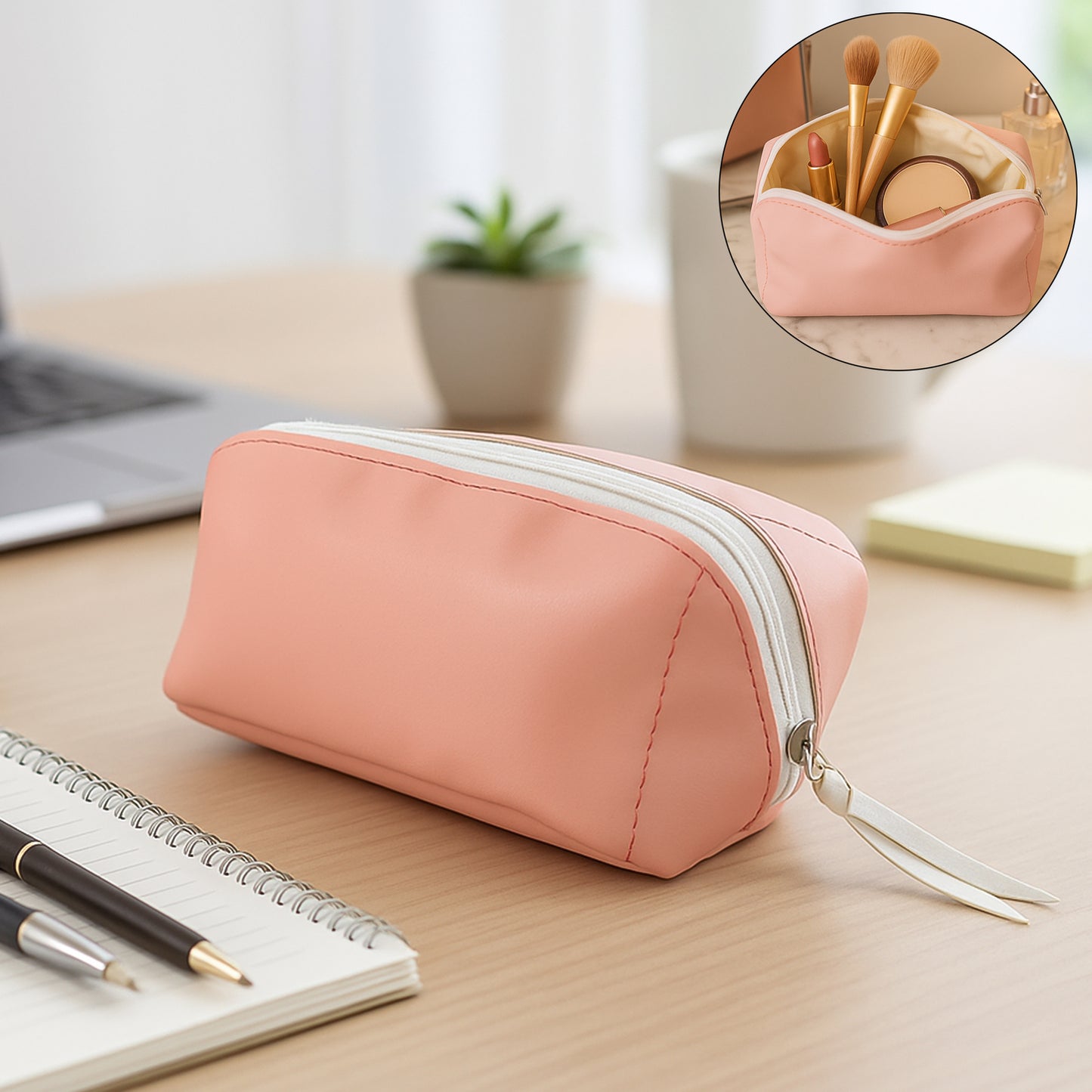 Wukusy PU leather cosmetic and pencil pouch with zipper closure, compact and stylish for home organization.