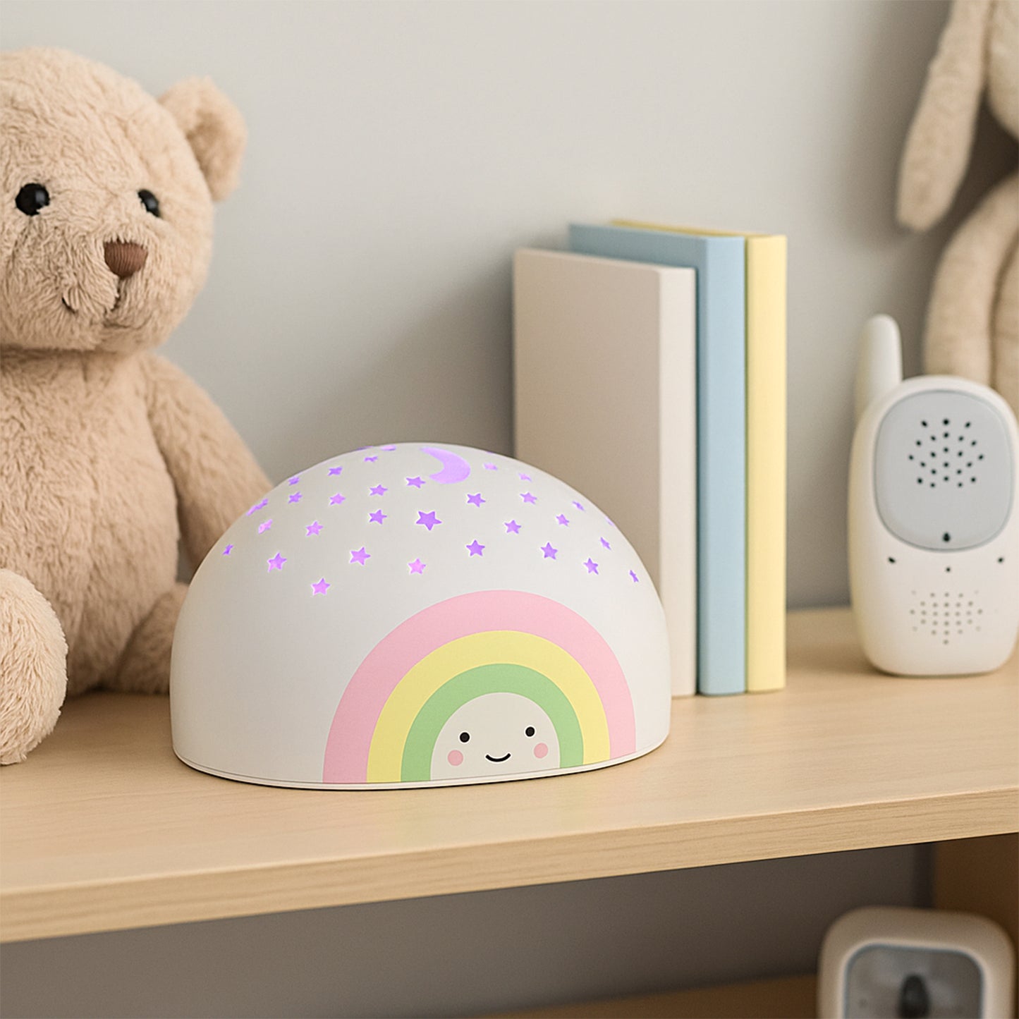 Wukusy rainbow projector LED night light for kids, illuminating colorful rainbow patterns on a child's bedroom wall.