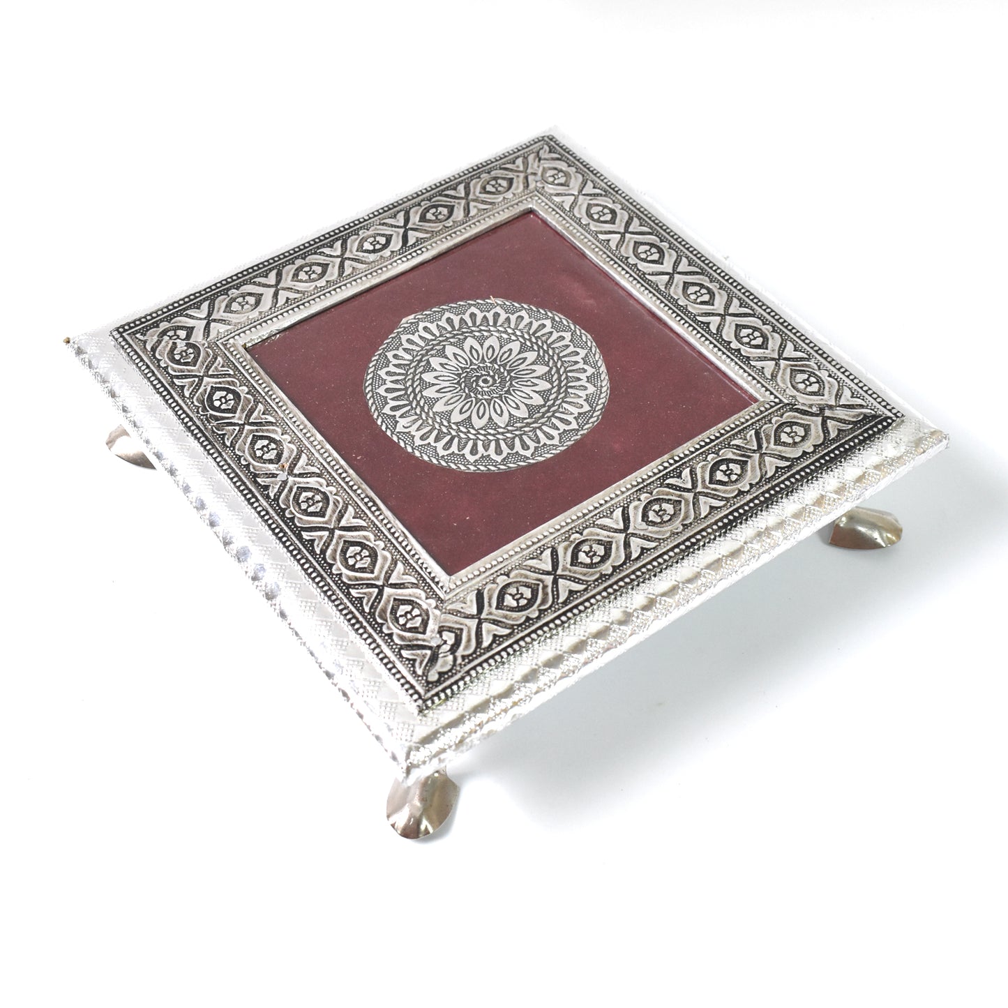 Silver square Pooja Chowki Patla Bajot from Wukusy, 2020 cm, for home improvement, shown as a sleek, polished square platform.