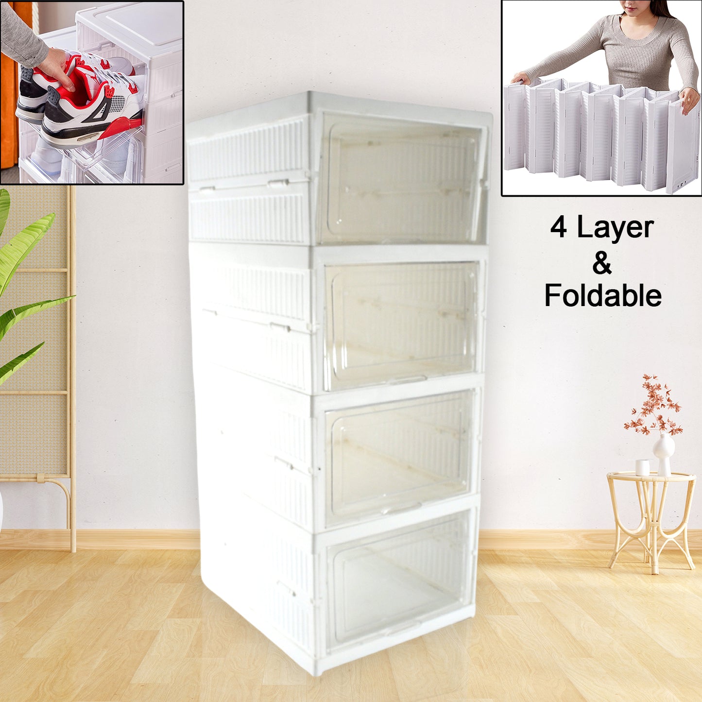 Wukusy 4-layer stackable storage cart for clothes and household items, foldable and versatile for kitchen, closet, or laundry organization.