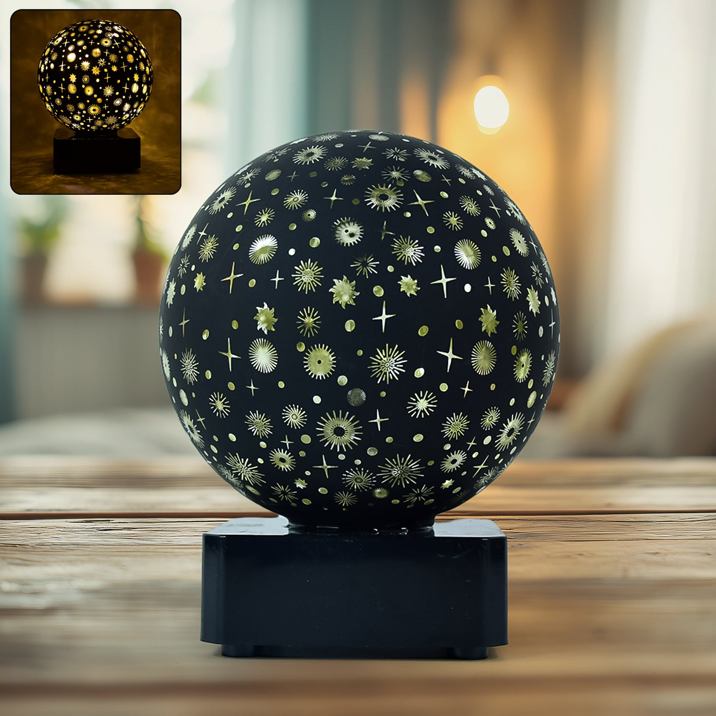 Wukusy Starry Sky Projector Night Lamp displaying a starry night sky projection on a wall in a home setting